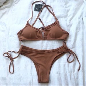 ZAFUL Ribbed V Wired Criss Cross Bikini Set, brown